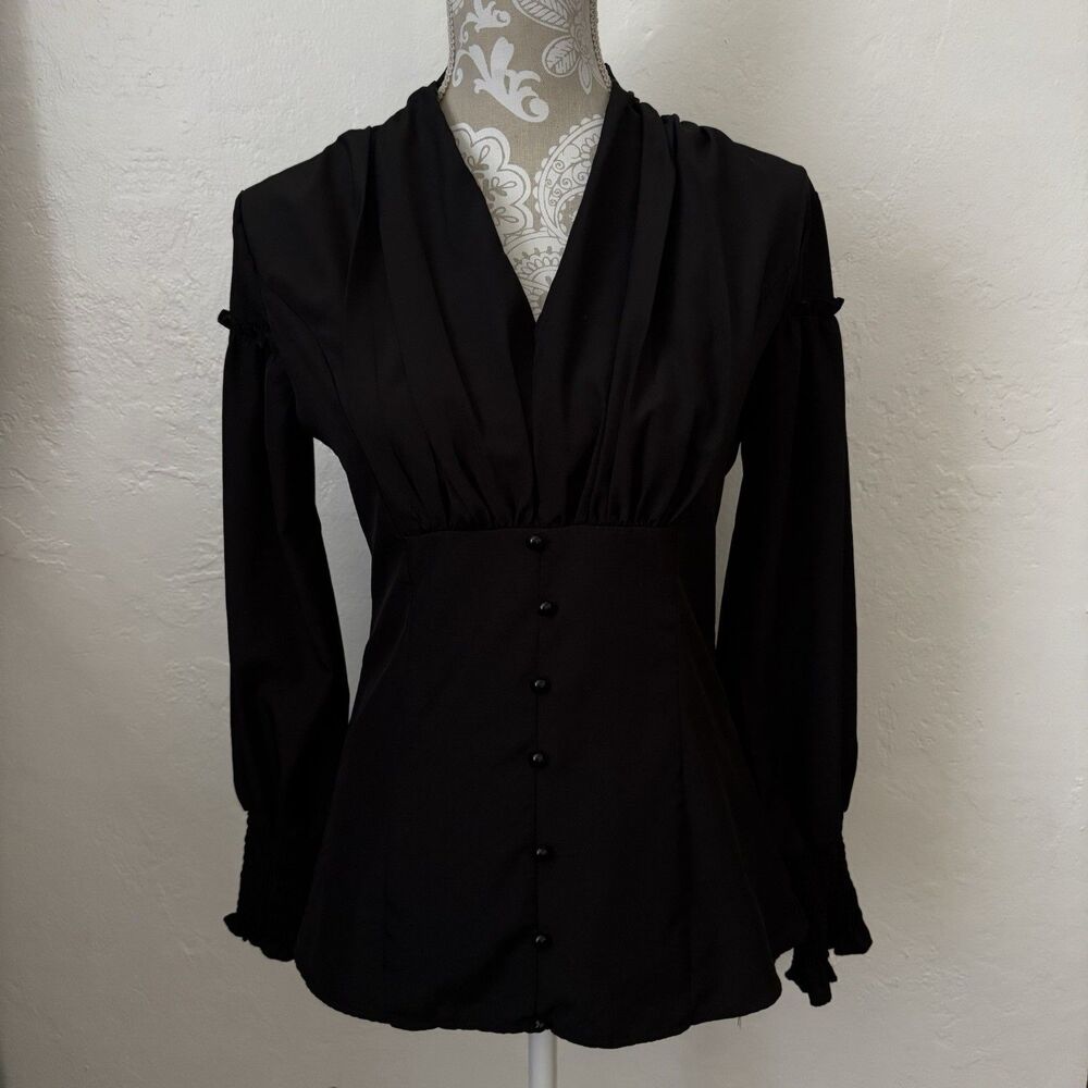 Women’s Blouse Elegant Long Sleeve Button Up Black Vintage Inspired Style Small